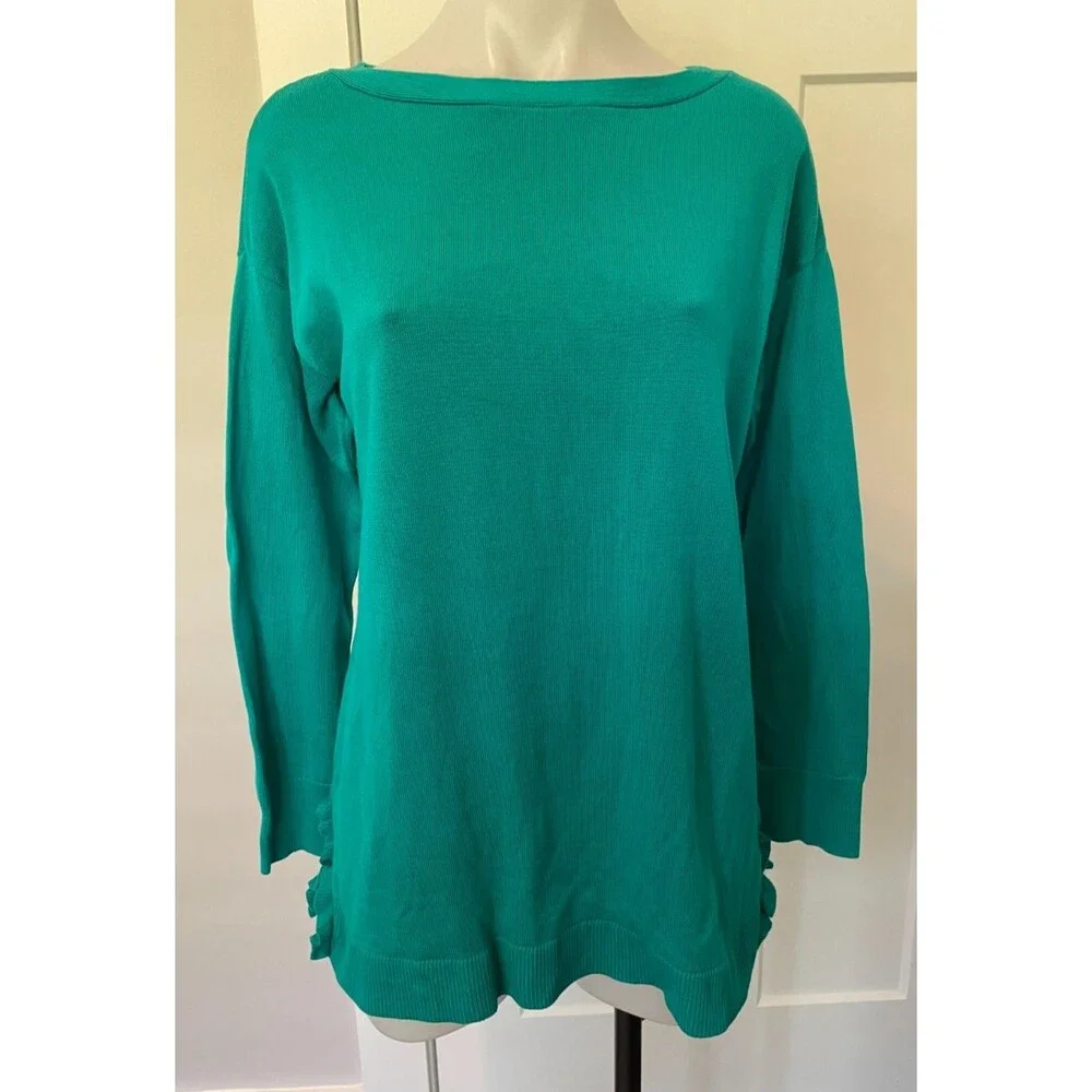 TALBOTS Womens SWEATER Long Sleeve GREEN Ruffled Slits Size M